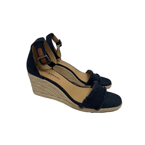 Lucky Brand Navy Blue Canvas Espadrille 3 Inch Wedge Sandals Size 9 - Picture 4 of 14